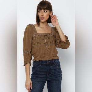 American Eagle Lace Tie Crop Top Brown Long Sleeve Square Neck Women's Blouse